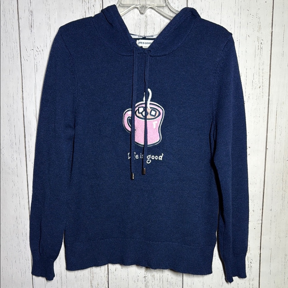 Life Is Good Navy Hoodie with Pink Coffee Cup Graphic
